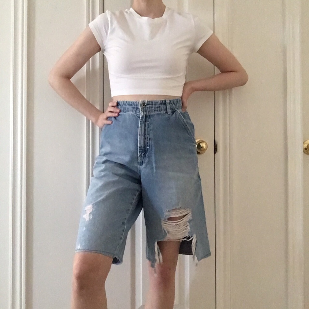 90s Nevada distressed knee length denim shorts.